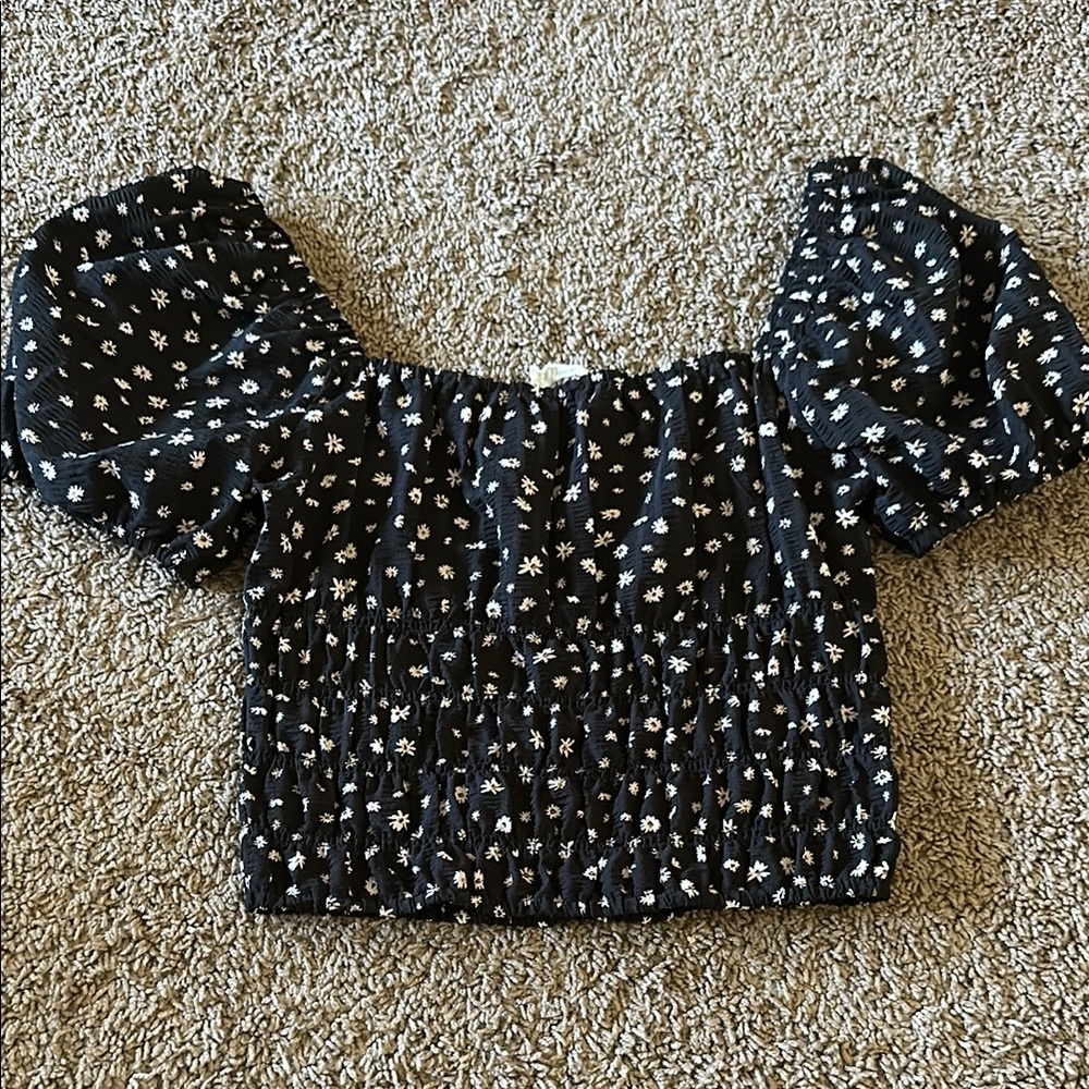 Elodie Black and White Smocked Puff Sleeve Crop Blouse